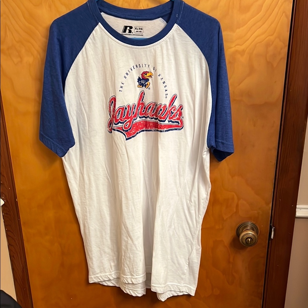 Men's Russell Athletic Blue and White Jayhawks Tee Short Sleeves size XL (46-48)